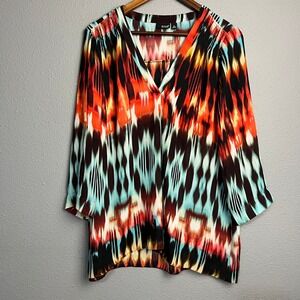 a.n.a XL‎ Blouse Long Sleeve V Neck Multicolor Abstract Wearable Art Print Top